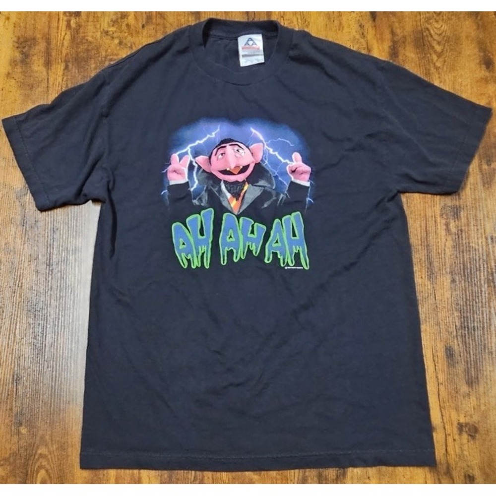 Vintage Sesame Street THE COUNT Cartoon Jim Henson Tee Shirt Black Size Large